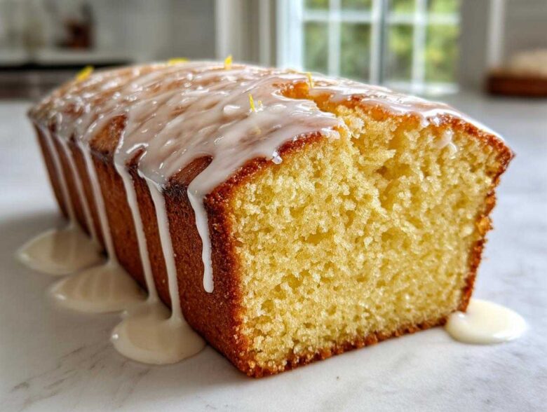 A close-up of a moist Lemon Loaf cake with thick white glaze dripping down the sides, garnished with zest.