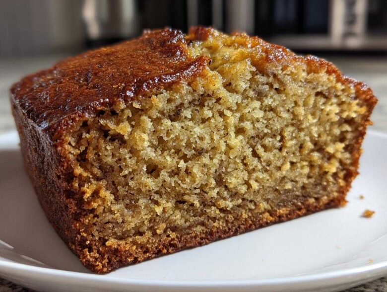 Close-up of a thick slice of moist Banana Bread showing its golden brown crust and tender crumb.