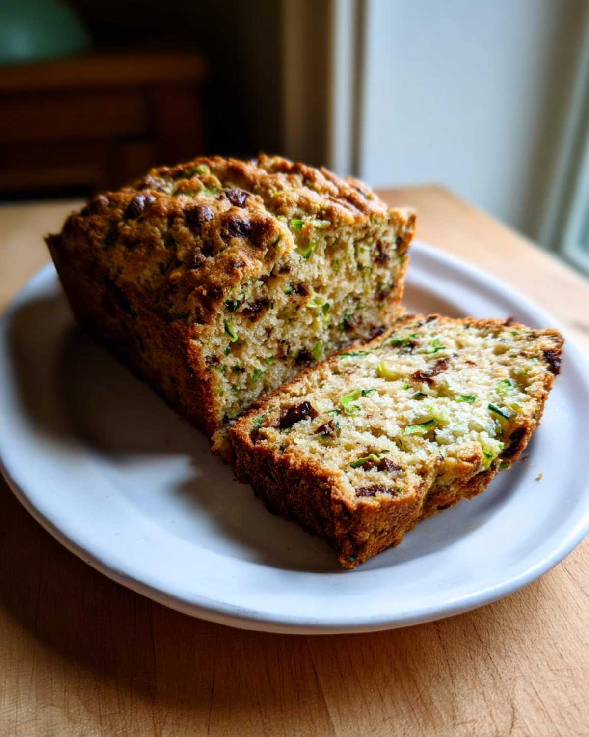 A freshly baked loaf of Zucchini Bread, partially sliced, showing moist texture and green zucchini shreds.