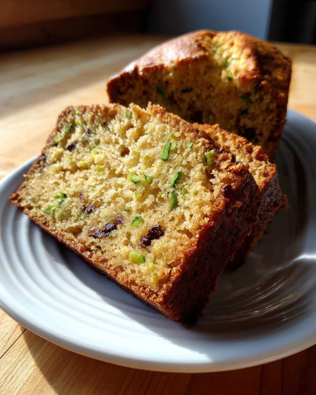 Close-up of two thick slices of moist Zucchini Bread, showing green shreds of zucchini and dark chocolate chips, served on a white plate.