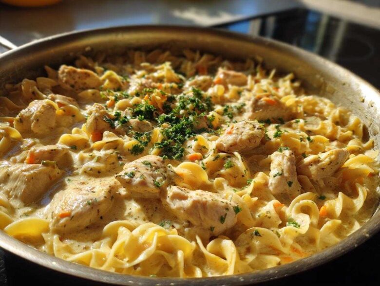 Close-up of creamy One Pot Chicken and Noodles with egg noodles and chunks of chicken, garnished with parsley.