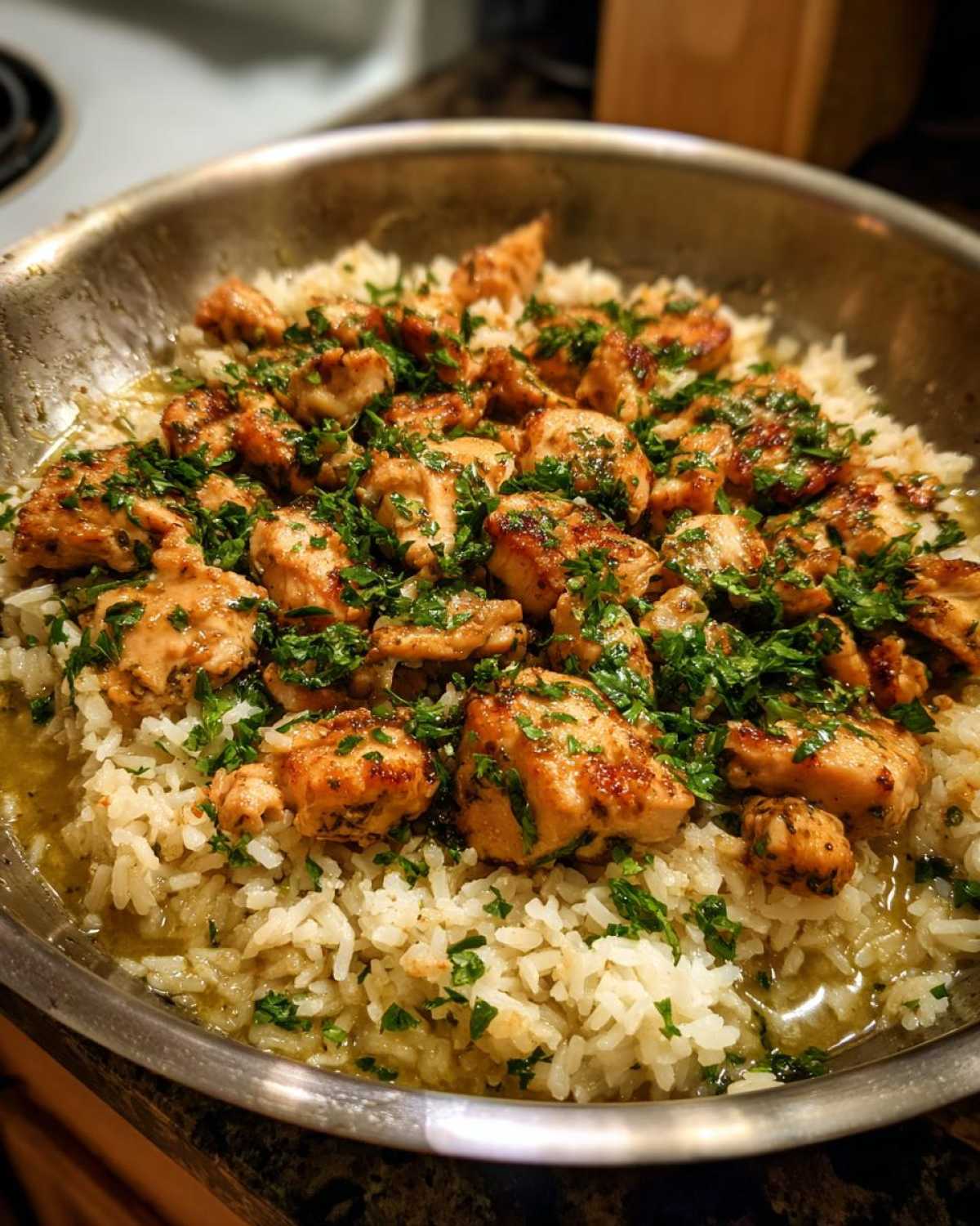 Close-up of OnePan Garlic Butter Chicken Rice Skillet topped with fresh parsley in a stainless steel skillet.