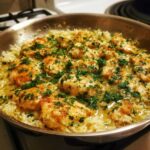 Golden brown chicken pieces served over rice in a rich sauce, garnished with fresh parsley in a OnePan Garlic Butter Chicken Rice Skillet.