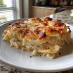 A close-up serving of Paula Deen Scalloped Potatoes, showing creamy layers and a bubbly, browned cheese topping.