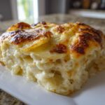 A thick slice of Paula Deen Scalloped Potatoes, creamy and layered with a beautifully browned, cheesy crust.