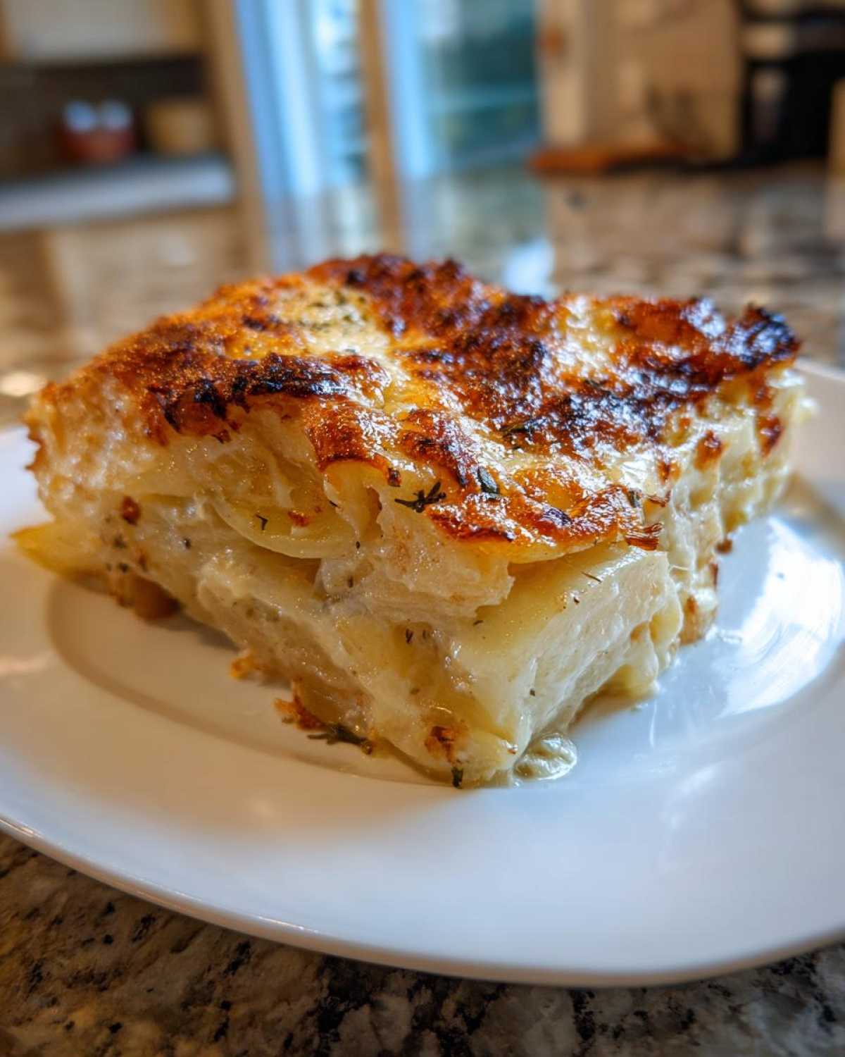 A close-up of a rich, creamy slice of Paula Deen Scalloped Potatoes with a perfectly browned and cheesy top.