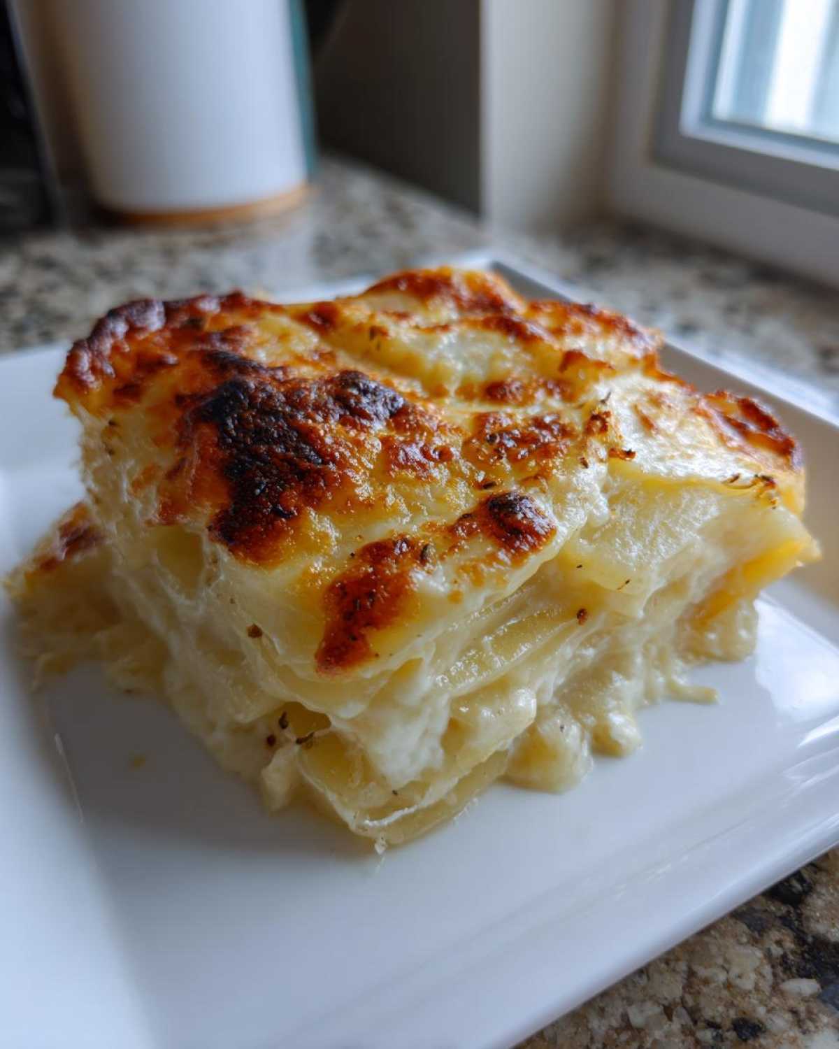 A square serving of creamy Paula Deen Scalloped Potatoes with a beautifully browned and cheesy top layer.