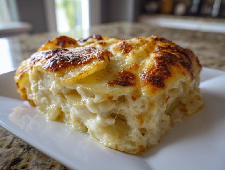 A thick slice of Paula Deen Scalloped Potatoes, creamy and layered with a beautifully browned, cheesy crust.