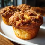 A close-up of a freshly baked Peach Cobbler Muffins with Crunchy Crumble Topping, showing the golden cake base and sugary topping.
