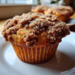 A close-up of a freshly baked Peach Cobbler Muffins with a thick, crunchy cinnamon sugar crumble topping.