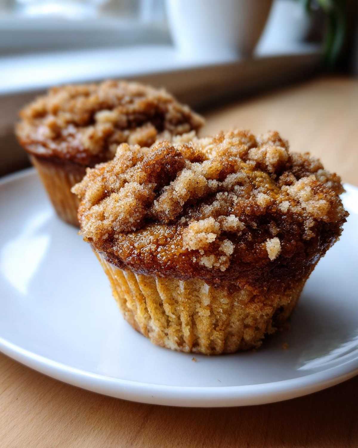 Two freshly baked Peach Cobbler Muffins with a thick, crunchy brown sugar crumble topping resting on a white plate.
