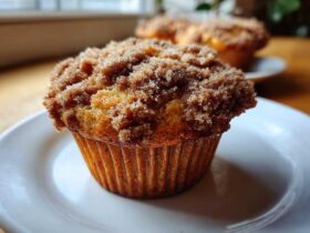 A close-up of a freshly baked Peach Cobbler Muffins with a thick, crunchy cinnamon sugar crumble topping.