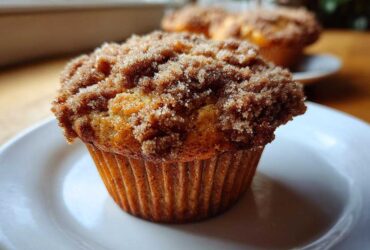 A close-up of a freshly baked Peach Cobbler Muffins with a thick, crunchy cinnamon sugar crumble topping.