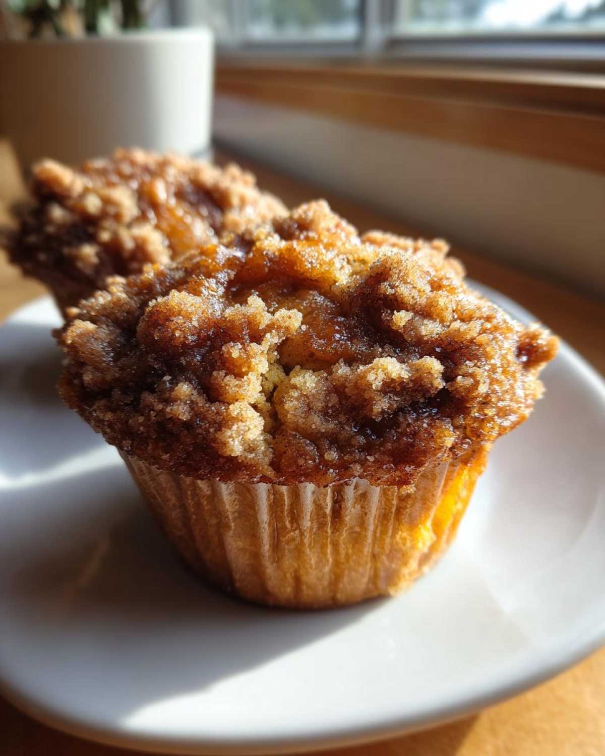 Close-up of a freshly baked Peach Cobbler Muffins with a thick, glistening, crunchy crumble topping.