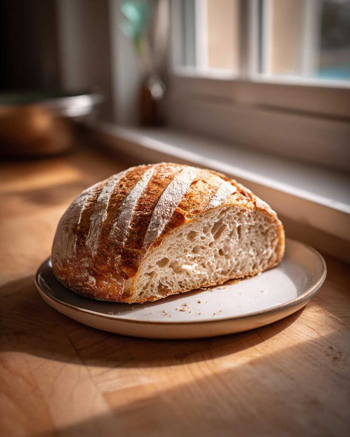 A half loaf of Quick and French Bread from This Pilgrim Life, showing a golden crust and airy interior, resting on a small plate.