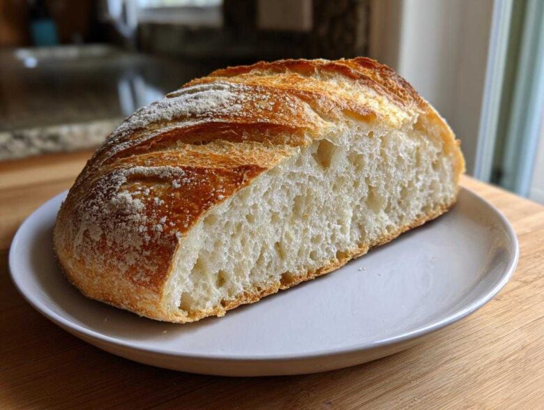 A cross-section of Quick and French Bread showing an open crumb and golden, scored crust on a white plate.