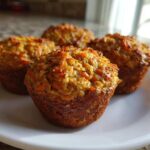 Four freshly baked Quick & Cinnamon Carrot Muffins with visible shredded carrots, resting on a white plate.