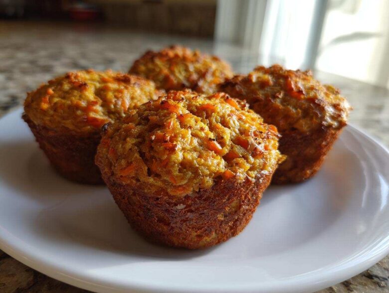 Four freshly baked Quick & Cinnamon Carrot Muffins with visible shredded carrots, resting on a white plate.