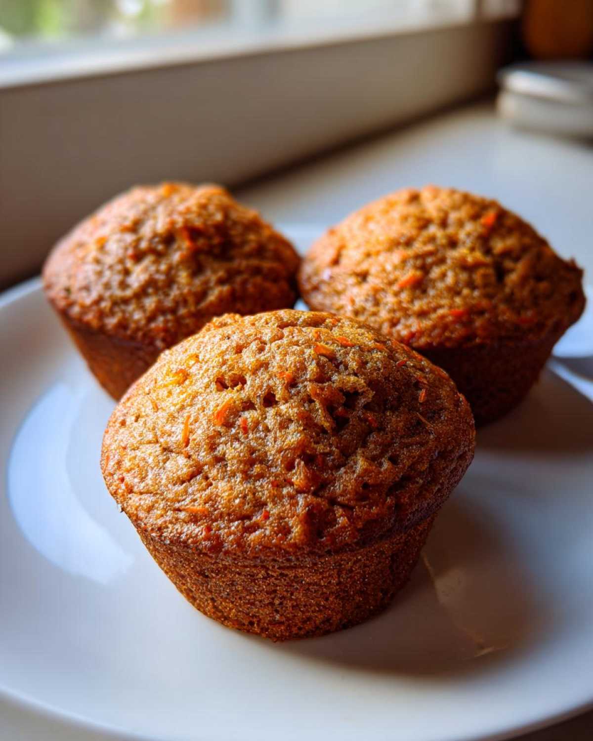 Three freshly baked Quick & Cinnamon Carrot Muffins with visible shredded carrots on a white plate.