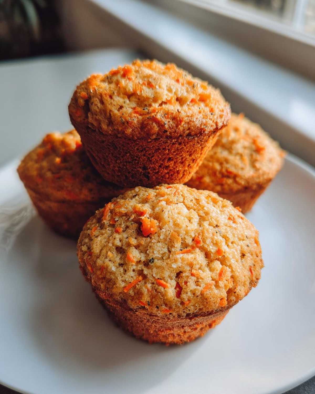 A close-up of four golden-brown Quick & Cinnamon Carrot Muffins stacked slightly on a white plate near a window.