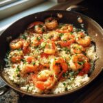 Close-up of Quick One-Pan Garlic Shrimp and Rice Recipe easy meal garnished with parsley in a dark skillet.
