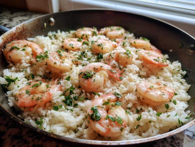 Close-up of Quick One-Pan Garlic Shrimp and Rice Recipe cooked in a skillet, topped with fresh parsley.