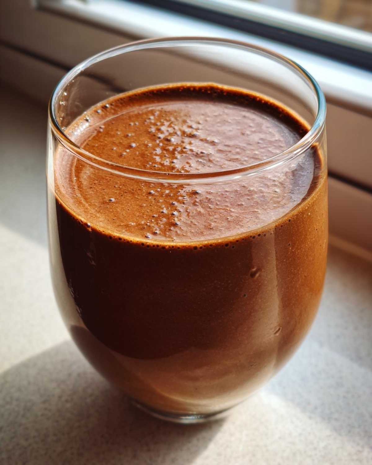 Close-up of a thick, rich brown Coffee Smoothie served in a clear glass, sitting on a counter near a window.