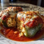 Two baked Ricotta Stuffed Peppers topped with marinara sauce and melted mozzarella cheese, served on a white plate.