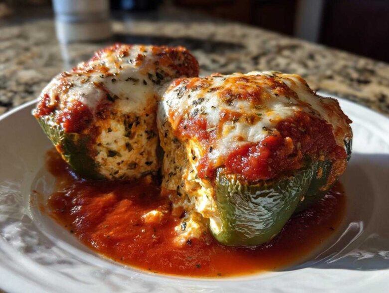 Two baked Ricotta Stuffed Peppers topped with marinara sauce and melted mozzarella cheese, served on a white plate.