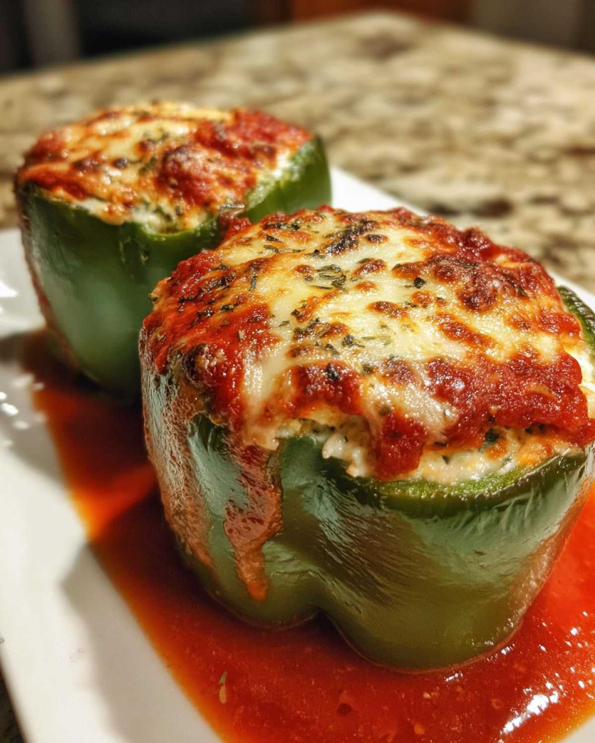 Two vibrant green Ricotta Stuffed Peppers topped with melted mozzarella and marinara sauce, served on a white plate.