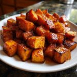 A close-up of perfectly Roasted & Caramelized Sweet Potatoes cut into cubes, glistening with glaze on a white plate.