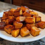 A mound of perfectly Roasted & Caramelized Sweet Potatoes, cut into cubes and glistening with glaze, served on a white plate.