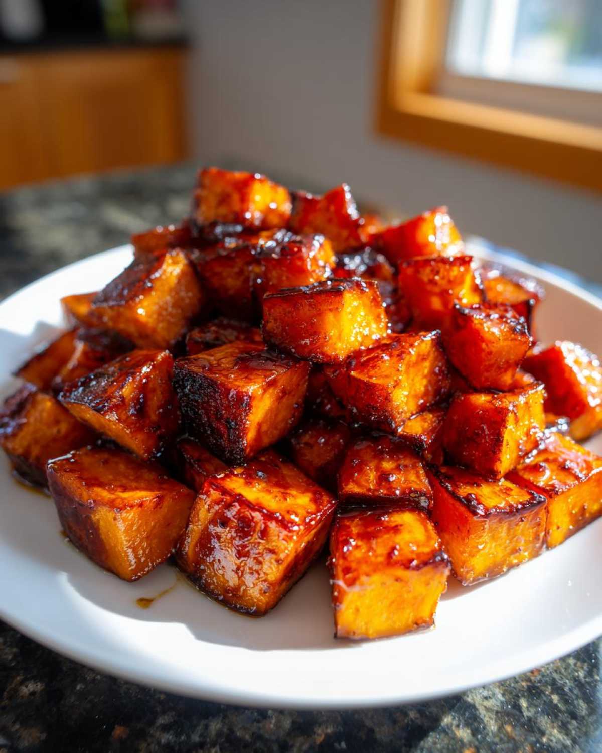 Close-up of perfectly Roasted & Caramelized Sweet Potatoes cubes glistening with glaze on a white dish.