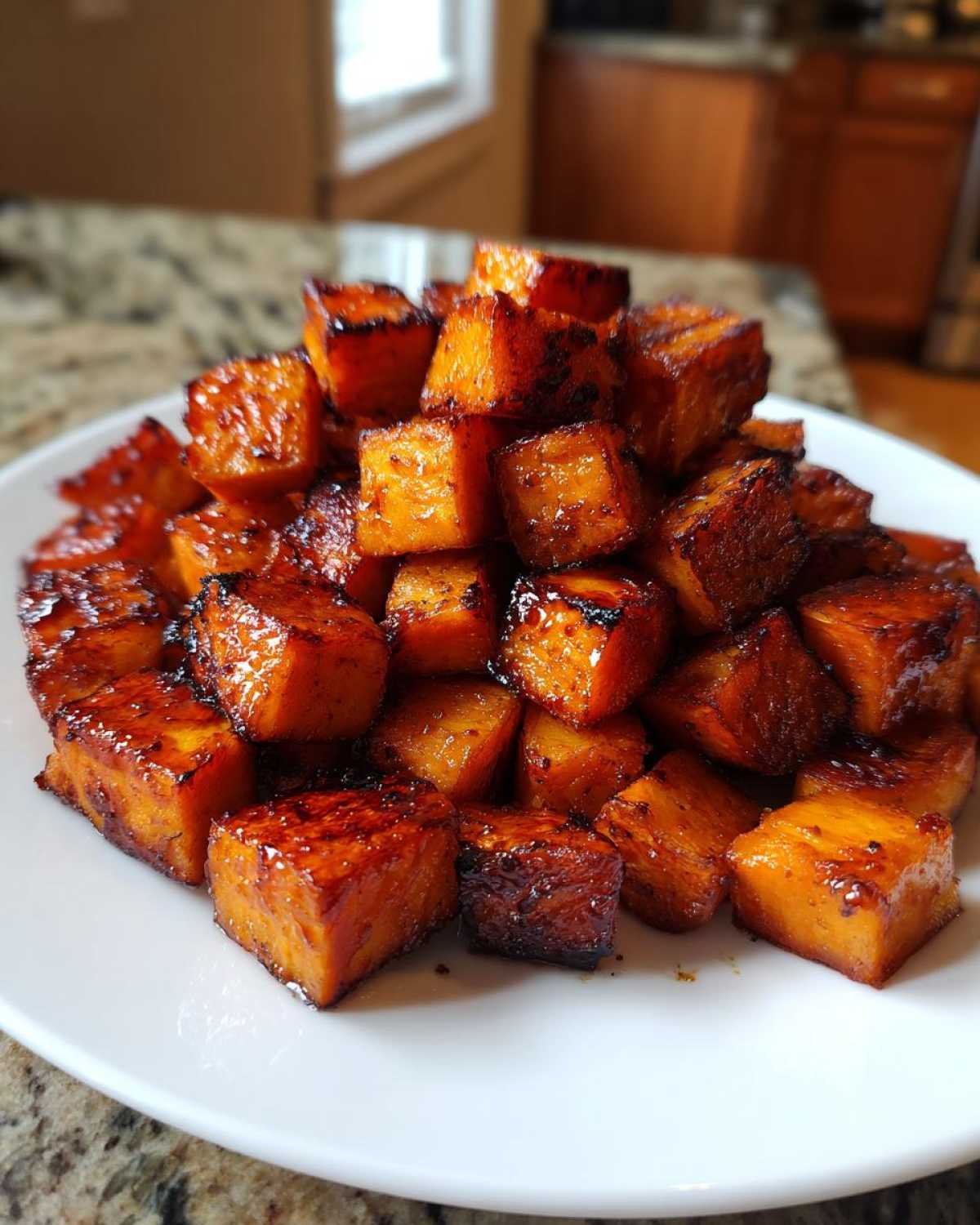 A pile of perfectly Roasted & Caramelized Sweet Potatoes cubes glistening with glaze on a white plate.