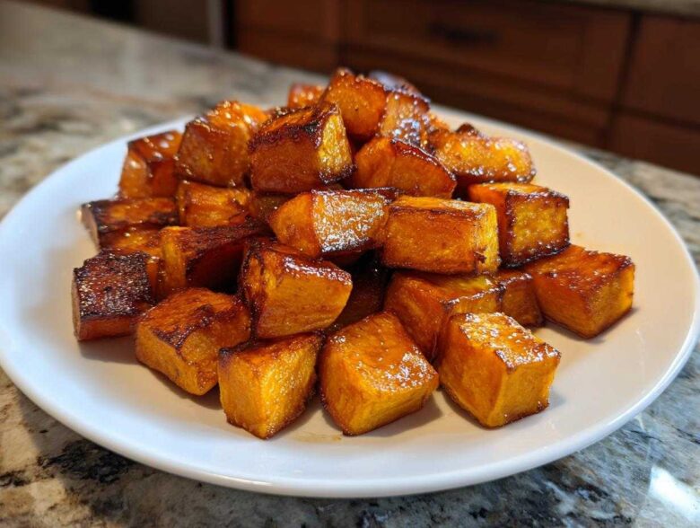 A mound of perfectly Roasted & Caramelized Sweet Potatoes, cut into cubes and glistening with glaze, served on a white plate.