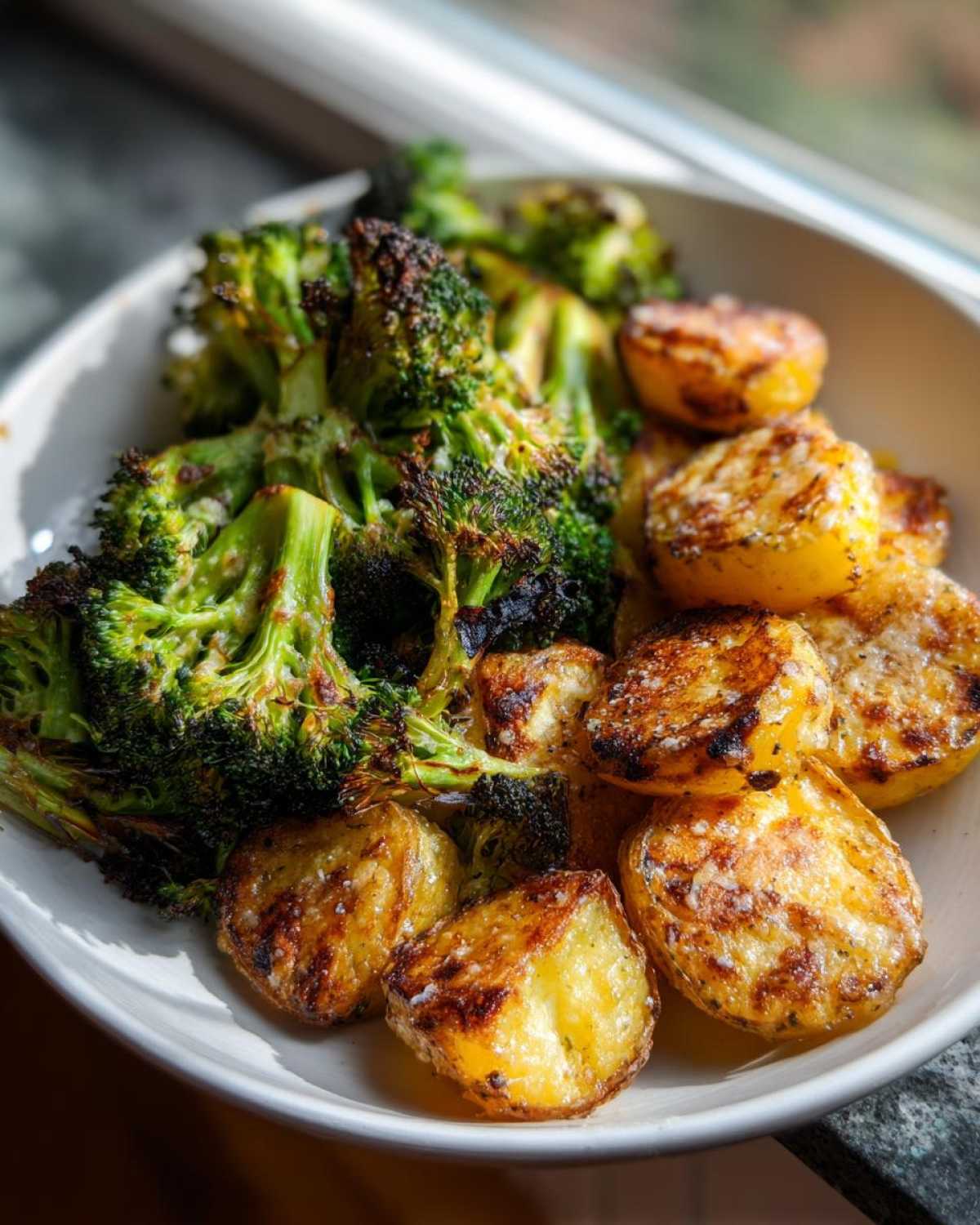 Close-up of perfectly Roasted Parmesan Potatoes and Broccoli served in a white bowl, showing crispy edges.