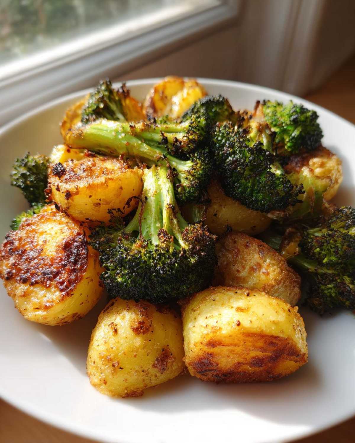 Close-up of golden, crispy Roasted Parmesan Potatoes and Broccoli served on a white plate.