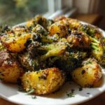 A close-up of golden Roasted Parmesan Potatoes and Broccoli florets seasoned with herbs and cheese on a white plate.
