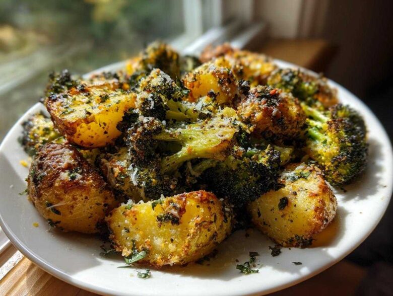 A close-up of golden Roasted Parmesan Potatoes and Broccoli florets seasoned with herbs and cheese on a white plate.