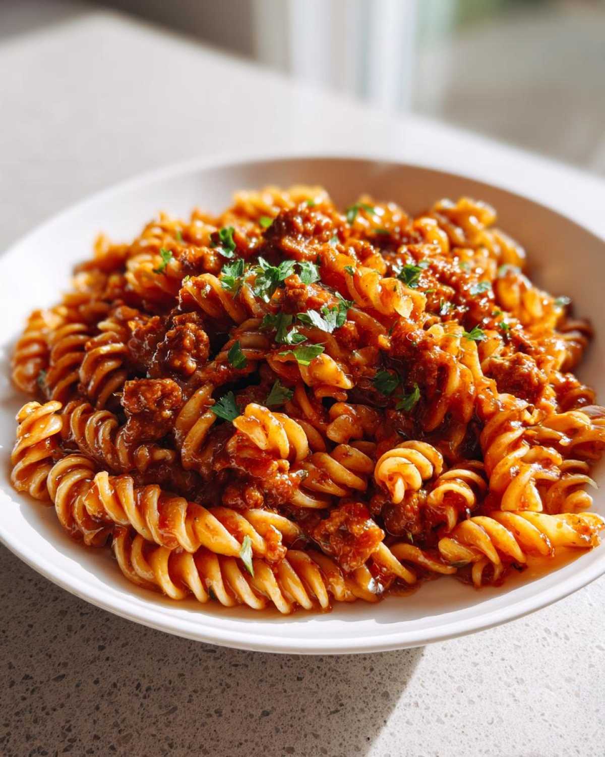 A close-up of fusilli pasta coated in a rich, sticky sauce with sausage, part of the Simple Sticky Honey Garlic Sausage Pasta Skillet Recipe.