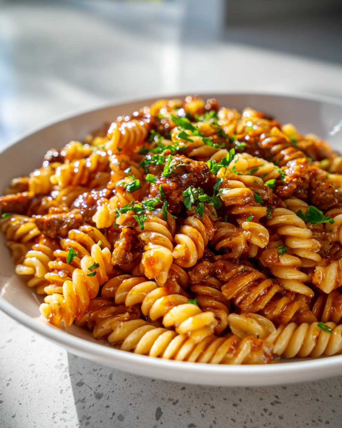 Close-up of fusilli pasta coated in a rich, sticky honey garlic sauce with sausage, garnished with parsley.