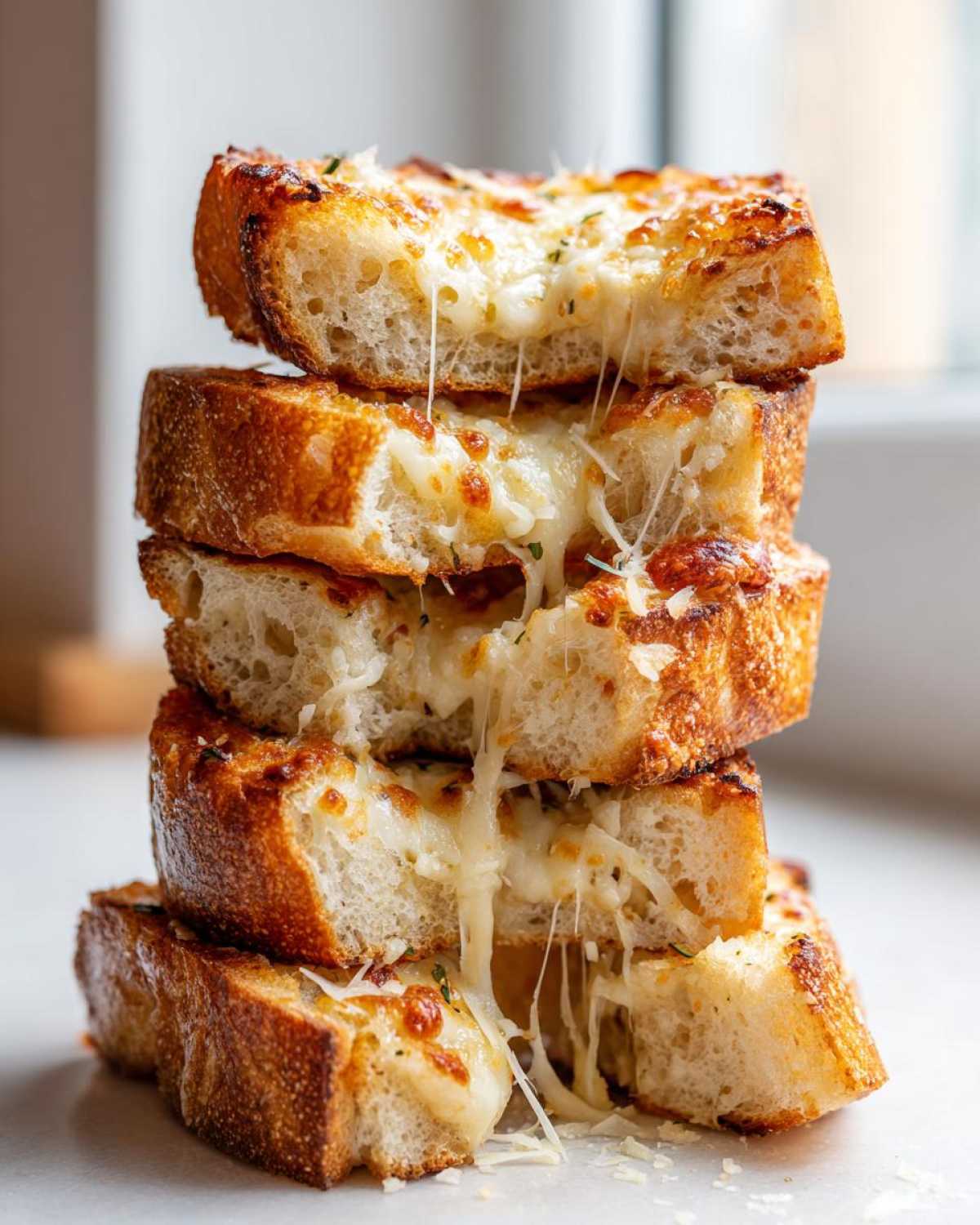 A vertical stack of four thick slices of Sliced Garlic Bread with Cheese showing extreme cheese pull.