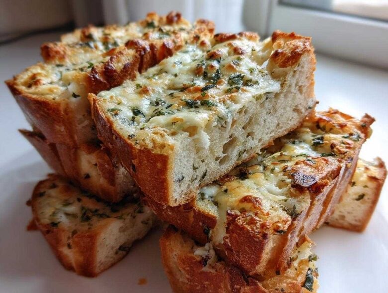 A stack of freshly baked Sliced Garlic Bread with Cheese, featuring melted cheese and green herbs on golden crusts.