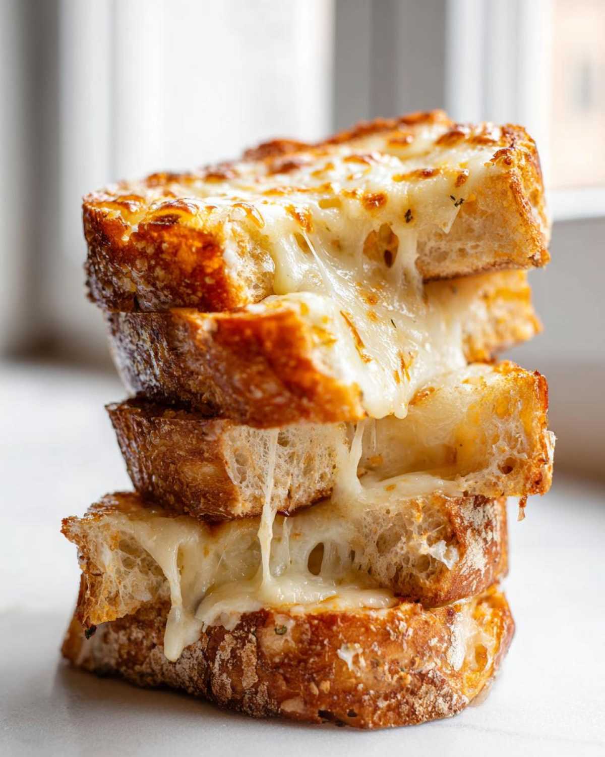 A stack of four slices of Sliced Garlic Bread with Cheese showing a dramatic, gooey cheese pull between the layers.