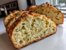 Close-up of sliced Garlic Herb Dutch Oven Bread showing a soft, open crumb filled with herbs and garlic.