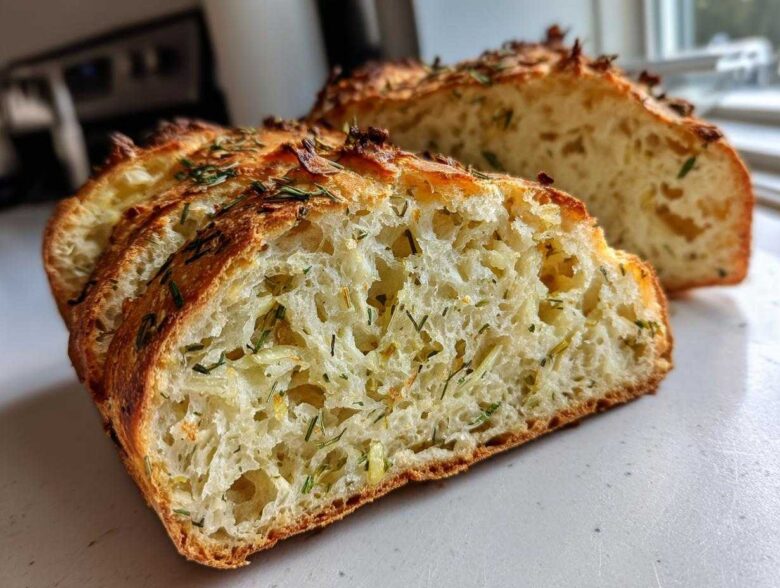 Close-up of sliced Garlic Herb Dutch Oven Bread showing a soft, open crumb filled with herbs and garlic.