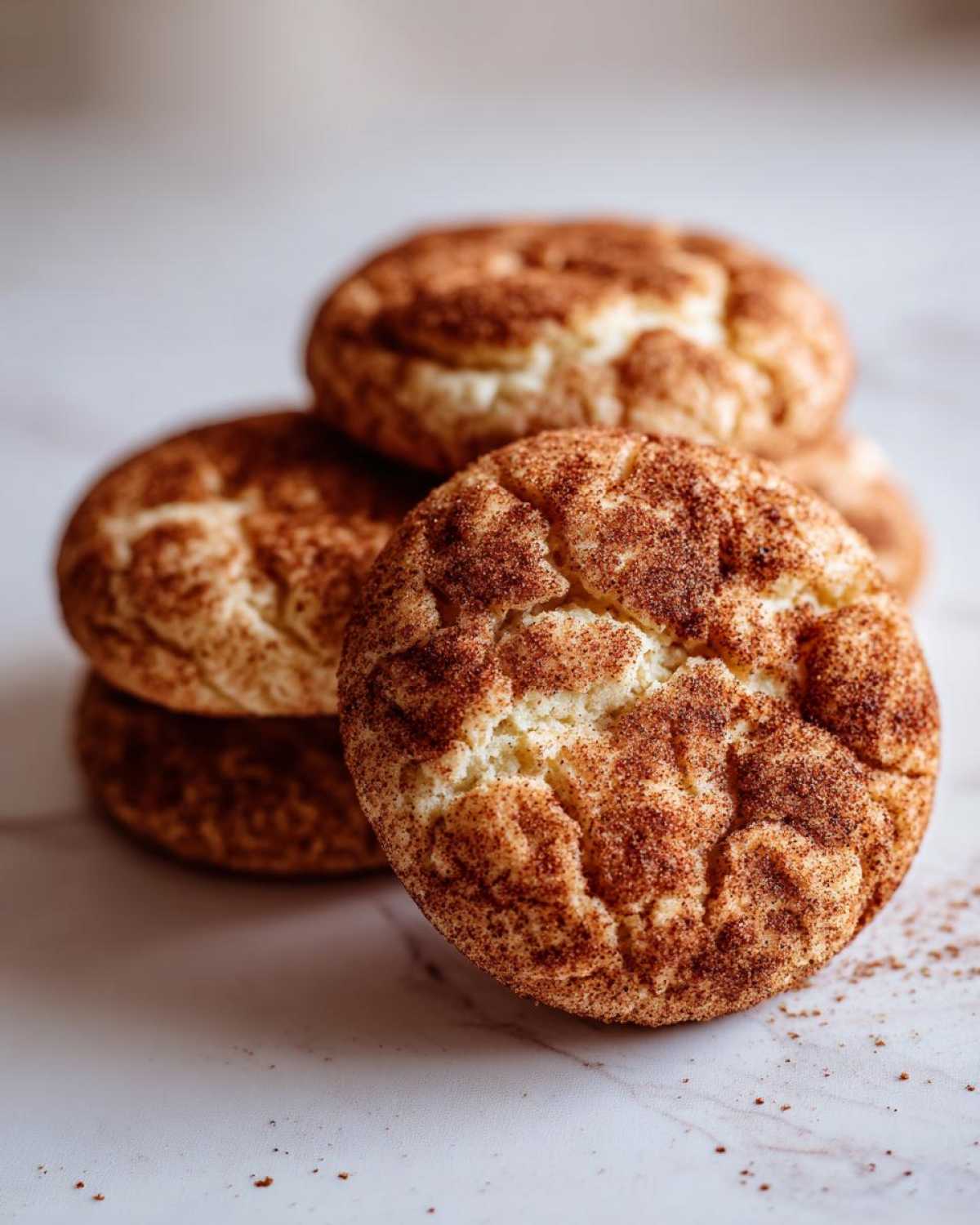 Close-up of soft, chewy Snickerdoodle Cookies coated in cinnamon sugar, stacked on a marble surface.