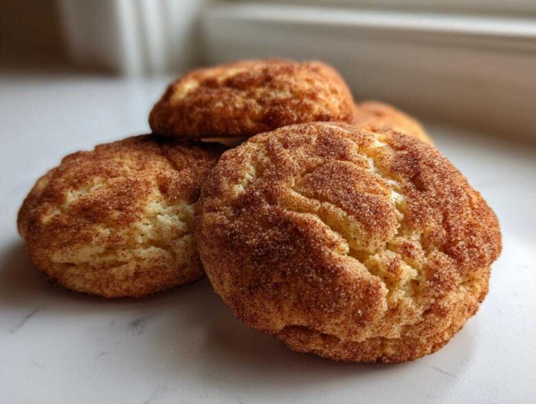 A close-up photo of several soft, puffy Snickerdoodle Cookies generously coated in cinnamon sugar.