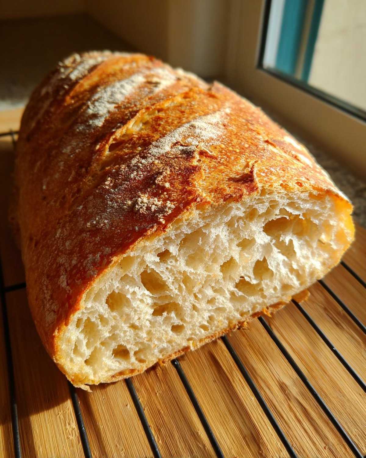 Close-up of a freshly baked Sourdough French Bread loaf, showing the open, airy crumb structure and golden crust.