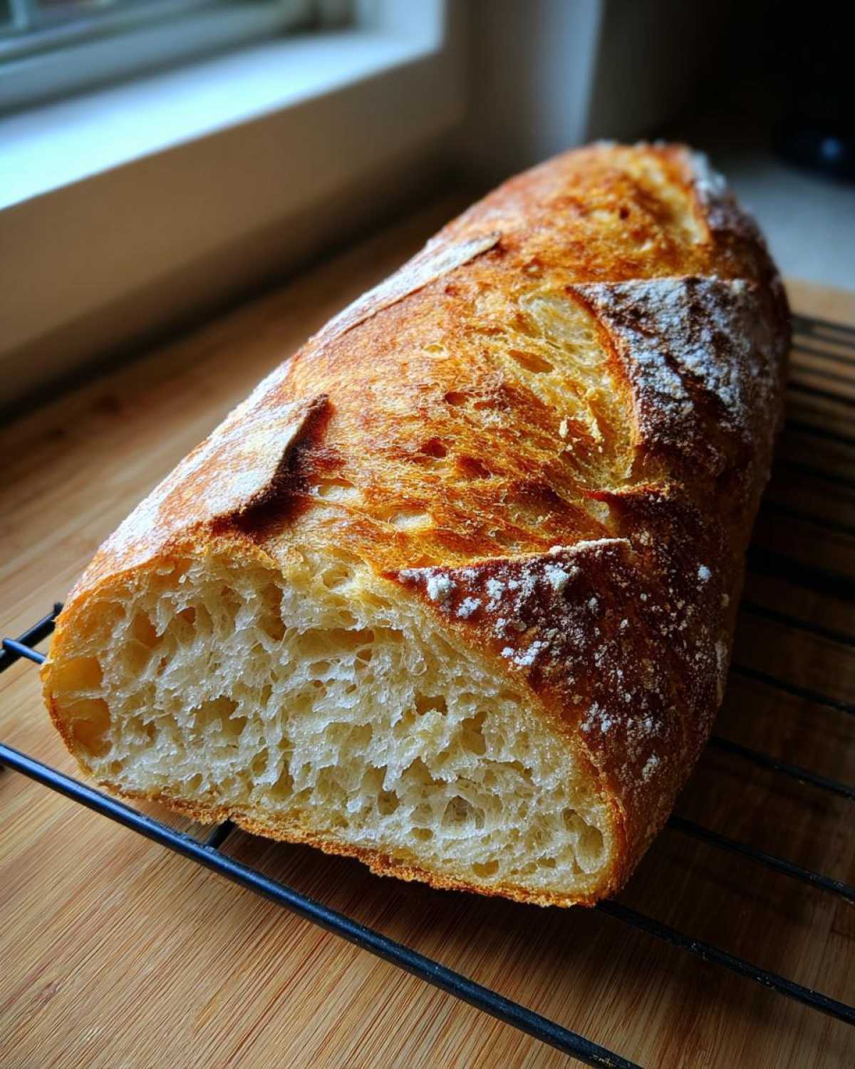 Close-up of a freshly baked Sourdough French Bread loaf showing a beautiful open crumb structure and golden crust.